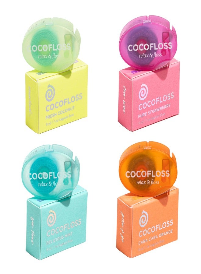 Cocofloss Woven Dental Floss, Travel Sampler, Dentist-Designed Oral Care with Coconut Oil, Waxed, Vegan, Kid-Friendly, 4-Pack Minis, Mint, Coconut, Orange, Strawberry (8 yd Each) - Image 1